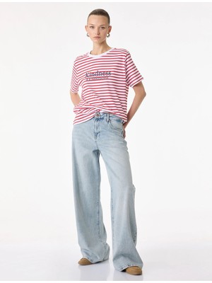 Koton Kısa Kollu Bisiklet Yaka Regular Fit Pamuklu Çizgili Tişört