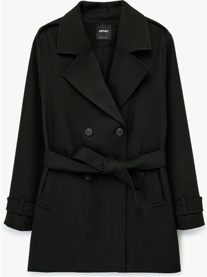 Koton Uzun Kollu Düğmeli Cepli Kemerli Kruvaze Gabardin Trençkot