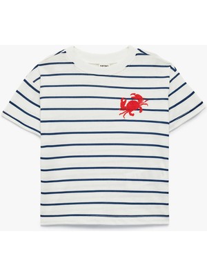 Koton Pamuklu Yengeç Nakış Detaylı Kısa Kollu Bisiklet Yaka Çizgili Tişört