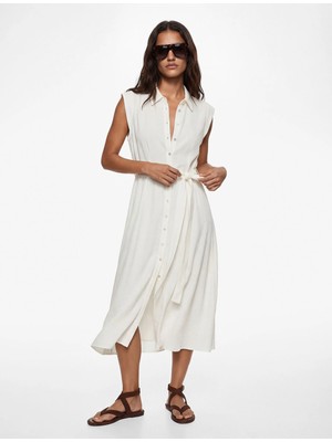 Koton Viskon Kumaş Düğmeli Kuşak Detaylı Kolsuz Uzun Gömlek Elbise