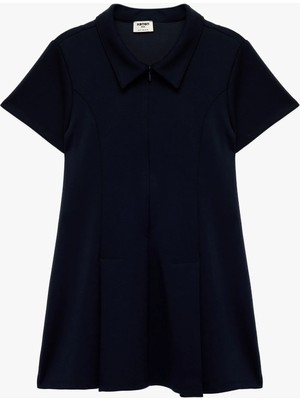 Koton Pileli Fermuarlı  Viskon Karışımlı Kısa Kollu Gömlek Yaka Elbise