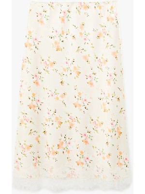 Koton Dantel Detaylı Çiçekli Saten Midi Kloş Etek