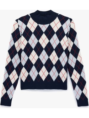 Koton Uzun Kollu Dik Yaka Baklava Desenli Triko Kazak