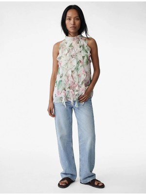 Koton Kolsuz Halter Yaka Fırfırlı Çiçekli Şifon Bluz