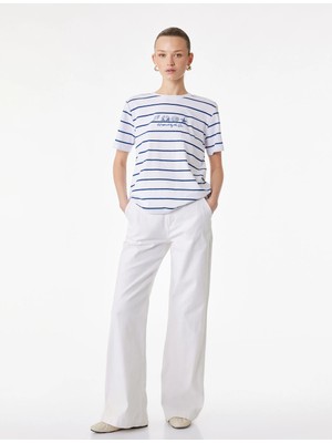 Koton Pamuklu Kısa Kollu Deniz Kabuğu Nakış Detaylı Çizgili Tişört