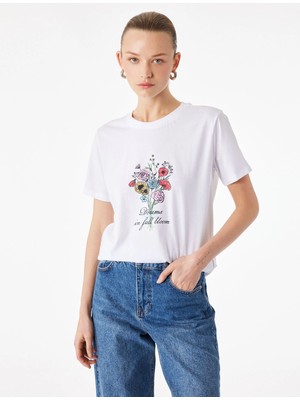 Koton Pamuklu Kısa Kollu Bisiklet Yaka Çiçek Baskılı Tişört