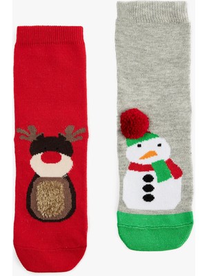 Koton Ponpon Detaylı Kardan Adam ve Geyik Desenli Yılbaşı Çorap Seti