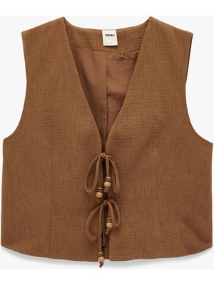 Koton Boncuk Detaylı Kolsuz V Yaka Crop Yelek