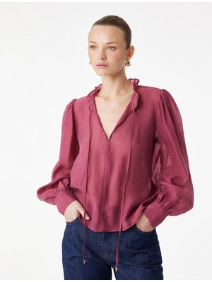 Koton Uzun Balon Kollu Manşetli Bağlama Detaylı Yuvarlak Fırfırlı Yaka Bluz