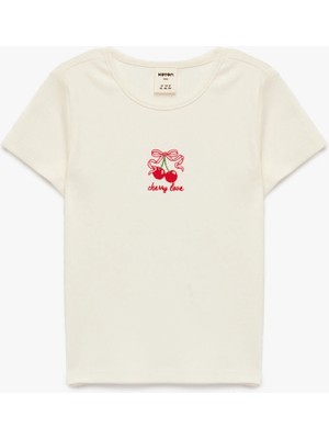 Koton Kısa Kollu Bisiklet Yaka Kiraz Nakışlı Pamuklu Tişört