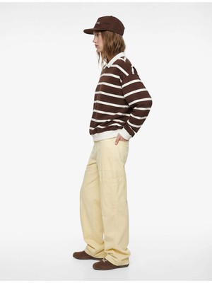 Koton Kadın Ekru Renk Polo Yaka Çizgili Oversize Sweatshirt Uzun Kollu Rahat Kesim
