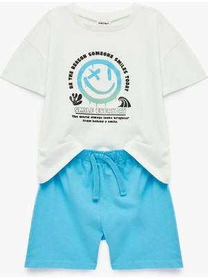 Koton Baskılı Kısa Kollu Bisiklet Yaka Pamuklu 2'li Tişört ve Şort Seti