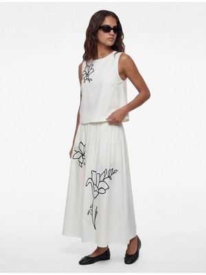 Koton Keten Karışımlı Midi Çiçekli Kloş Etek