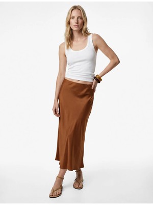 Koton Slim Fit Balık Kesim Saten Midi Etek