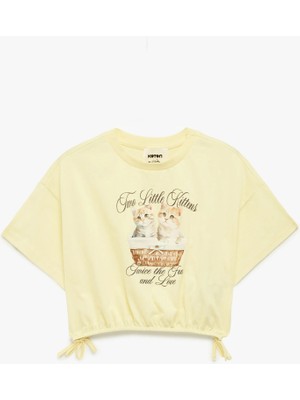 Koton Kısa Kollu Bisiklet Yaka Pamuklu Kedi Baskılı Crop Tişört