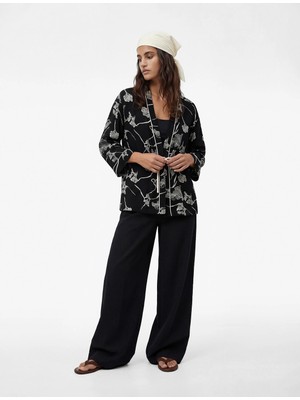 Koton Keten Karışımlı Uzun Kollu Kruvaze Çiçekli Kimono Ceket