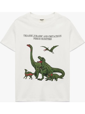 Koton Dinozor Baskılı Kısa Kollu Bisiklet Yaka Pamuklu Tişört