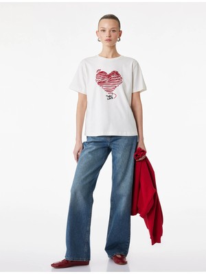 Koton Pamuklu Kalp Baskılı Kısa Kollu Bisiklet Yaka Tişört