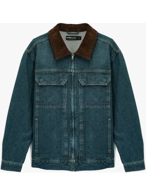 Koton Regular Fit Uzun Kollu Kapaklı Cepli Renk Kontrastlı Yaka Jean Ceket