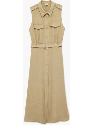 Koton Kemer Detaylı Cepli Klasik Yaka Kolsuz Uzun Gömlek Elbise