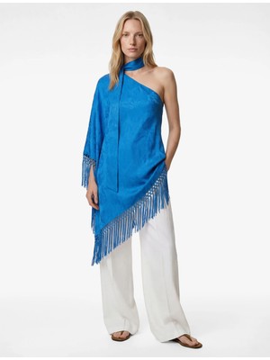 Koton Viskon Kumaş Asimetrik Kesim Uzun Püsküllü Tek Omuz Elbise