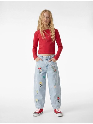 Koton Pamuklu Yüksek Bel Çiçek Işlemeli Loose Fit Jean Pantolon