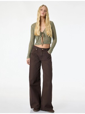 Koton Uzun Kollu V Yaka Bağlama Detaylı Fiyonklu Dantel Hırka