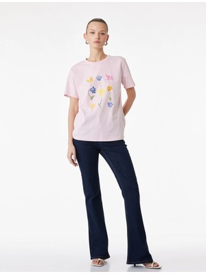 Koton Pamuklu Bisiklet Yaka Kısa Kollu Lale Baskılı Tişört