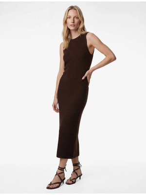 Koton Slim Fit Bürümcük Kumaş Bisiklet Yaka Drapeli Kolsuz Midi Kalem Elbise