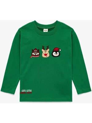 Koton Yeşil Pamuklu Uzun Kollu Yılbaşı Baskılı Tişört Erkek Çocuk Günlük Stil