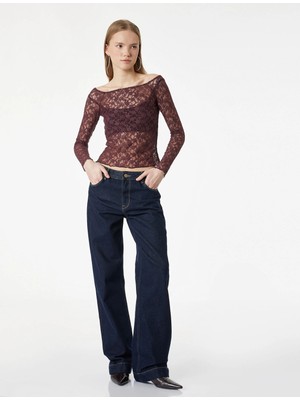 Koton Uzun Kollu Kayık Yaka Slim Fit Dantel Tişört