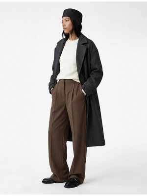 Koton Uzun Kollu Düğmeli Cepli Kruvaze Uzun Oversize Kaşe Kaban