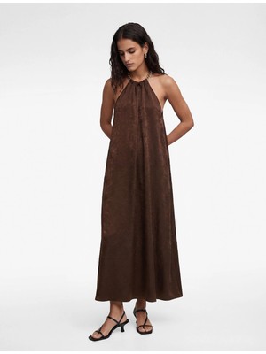 Koton Metal Aksesuar Detaylı Dokulu Uzun Halter Yaka Saten Elbise