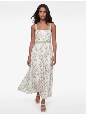 Koton Kuşaklı Arkadan Bağlamalı Askılı Çiçekli Midi Elbise