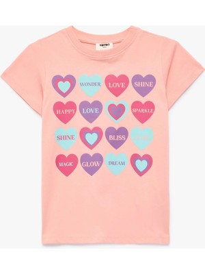 Koton Pamuklu Kısa Kollu Bisiklet Yaka Kalp Baskılı Tişört