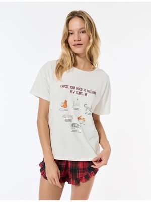 Koton Kedi Baskılı Kısa Kollu Bisiklet Yaka Oversize Tişört Pijama Üstü