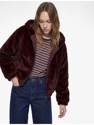 Koton Uzun Kollu Kapüşonlu Fermuarlı Suni Kürk Crop Ceket