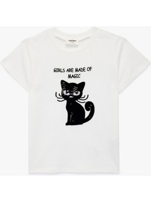 Koton Pamuklu Kısa Kollu Bisiklet Yaka Kedi Baskılı Pullu Payetli Tişört