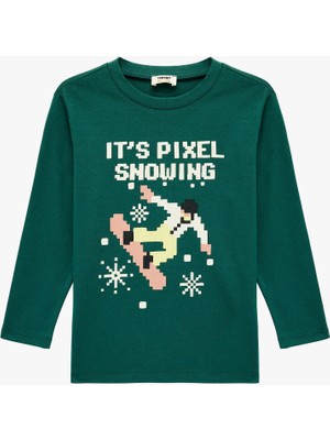 Koton Pamuklu Uzun Kollu Bisiklet Yaka Yılbaşı Baskılı Yılbaşı Tişört