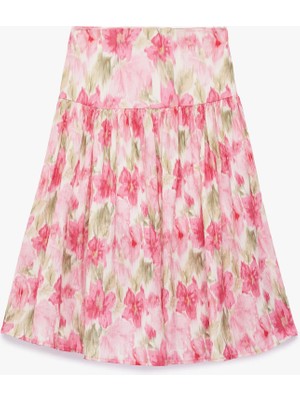 Koton Viskon A Kesim Pileli Çiçek Desenli Viskon Midi Etek