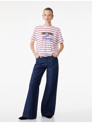 Koton  Pamuklu Kısa Kollu Bisiklet Yaka Saint-Tropez Baskılı Çizgili Tişört