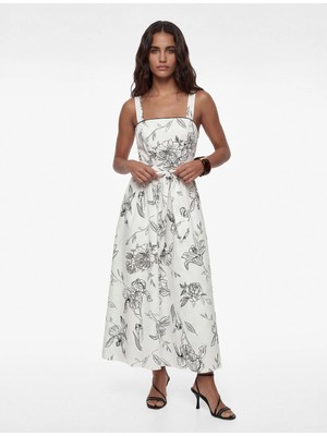 Koton Pamuklu Kuşak Detaylı Askılı Uzun Poplin Çiçekli Elbise