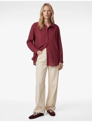 Koton Kadın Uzun Kollu Oversize Gömlek Regular Fit Klasik Yaka Desensiz Kırmızı