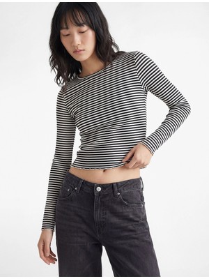 Koton Uzun Kollu Pamuklu Kayık Yaka Çizgili Tişört