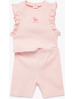 Koton Fırfır Detaylı Nakışlı Pamuklu 2'li Tayt ve Tişört Seti