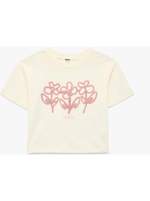 Koton Pamuklu Kısa Kollu Bisiklet Yaka Çiçekli Tişört
