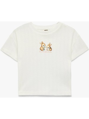 Koton Kız Çocuk Pamuklu Kısa Kollu Tişört Tavşan Baskılı Ekru Renk Günlük Stil