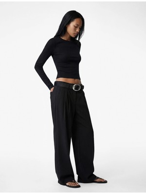 Koton Viskon Ribanalı Slim Fit Uzun Kollu Bisiklet Yaka Tişört
