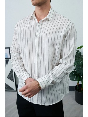 Erkek Çizgili Gömlek Uzun Kol Viskon Karışımlı Rahat Kalıp Yazlık