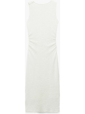 Koton Bürümcük Kumaş Drapeli Kayık Yaka Kolsuz Slim Fit Uzun Kalem Elbise